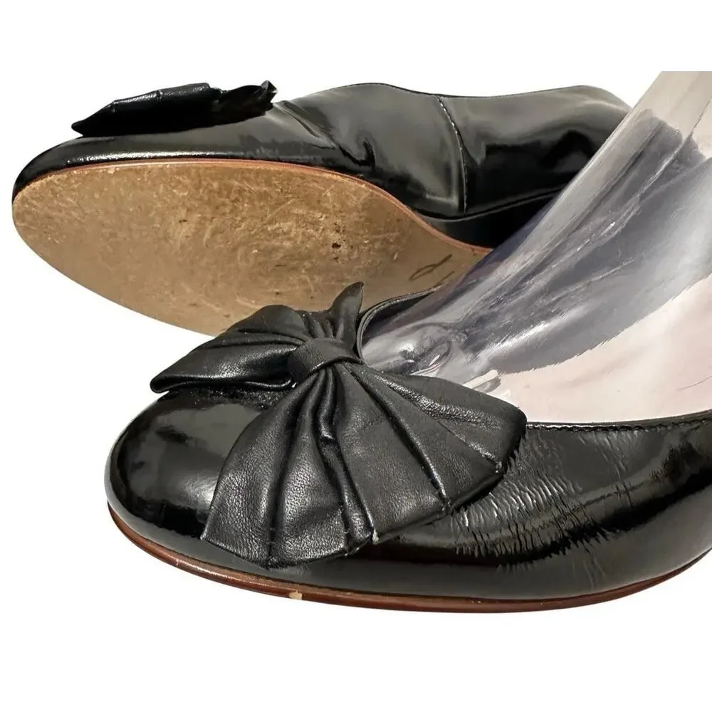Vintage Nine West Black Patent Bow Wedge Heels Size 9N Retro‎